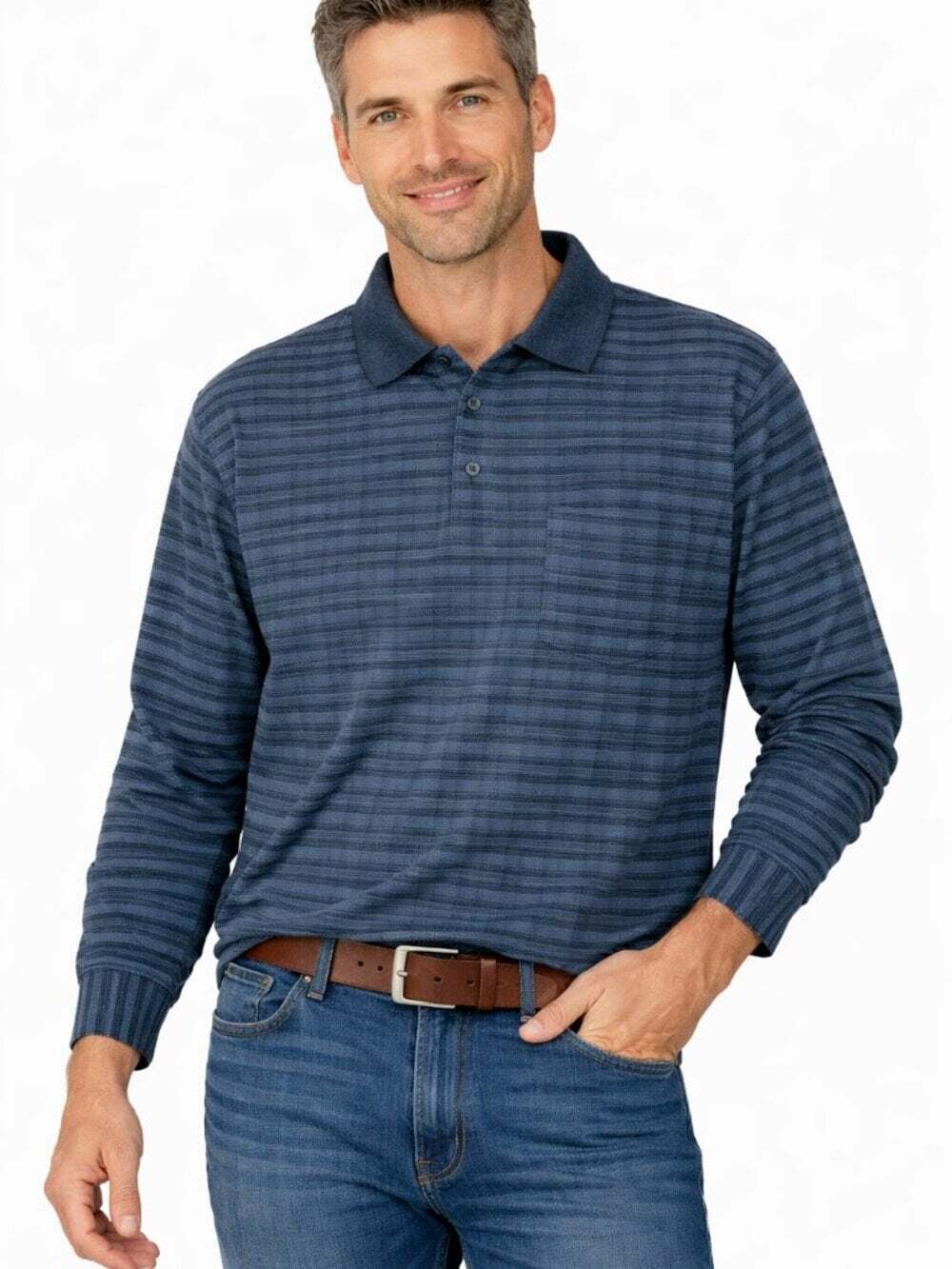 Hugo Boss Blue Stripe Long Sleeve Polo Shirt Cotton Pocket Size 50